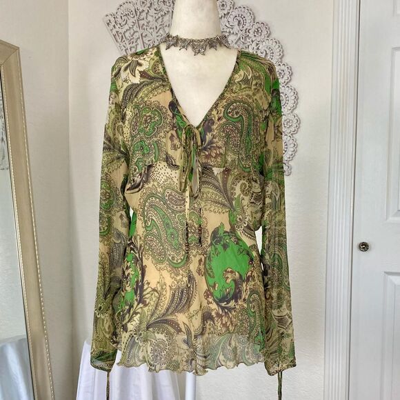 Early 2000's Fairy Grunge Whimsical Silk Green Brown Paisley Flowy Blouse Top L - Picture 2 of 7